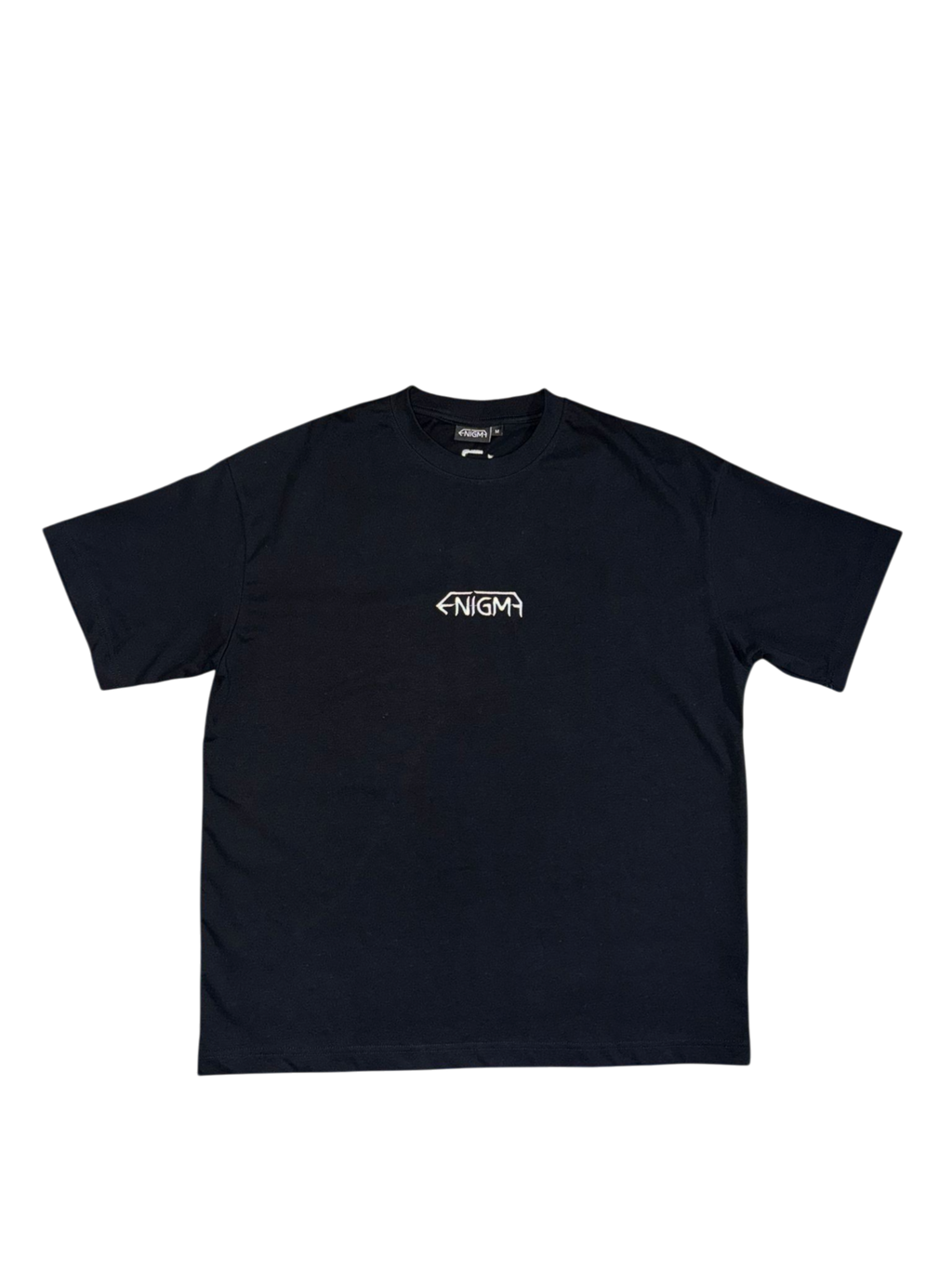 T-shirt nera oversize minimal con logo ricamato | Enigma - Enigmavdm