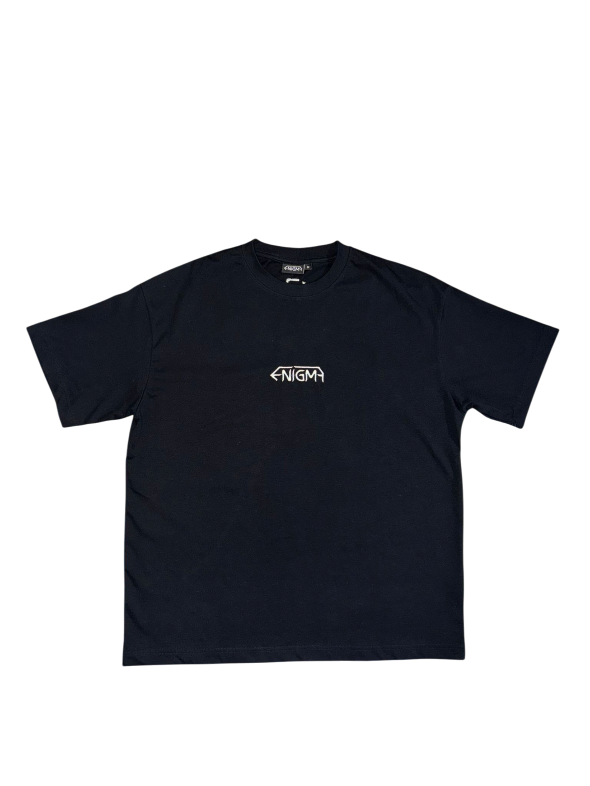 T-shirt nera oversize minimal con logo ricamato | Enigma - Enigmavdm